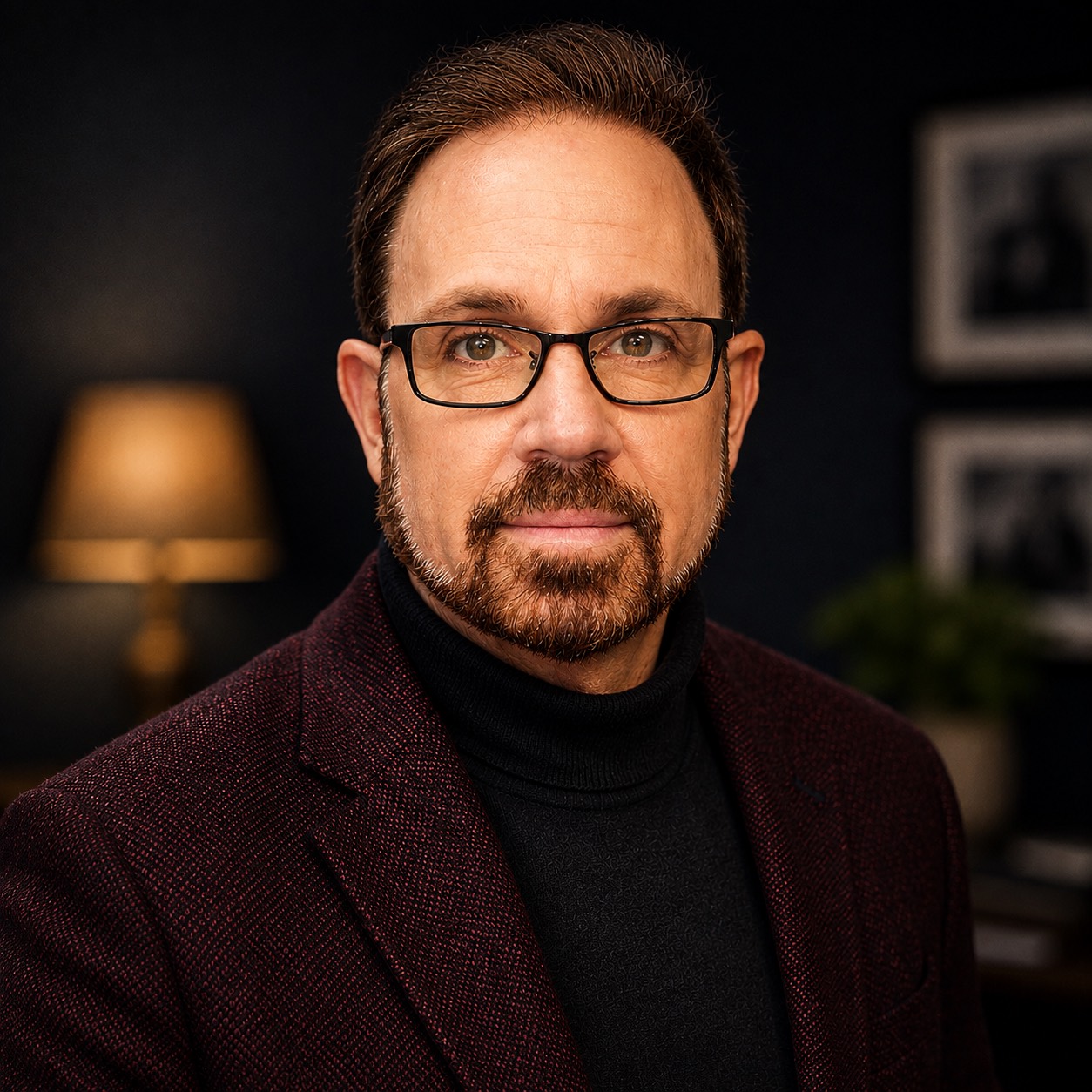 Barry Knudsen wearing glasses and a burgundy blazer